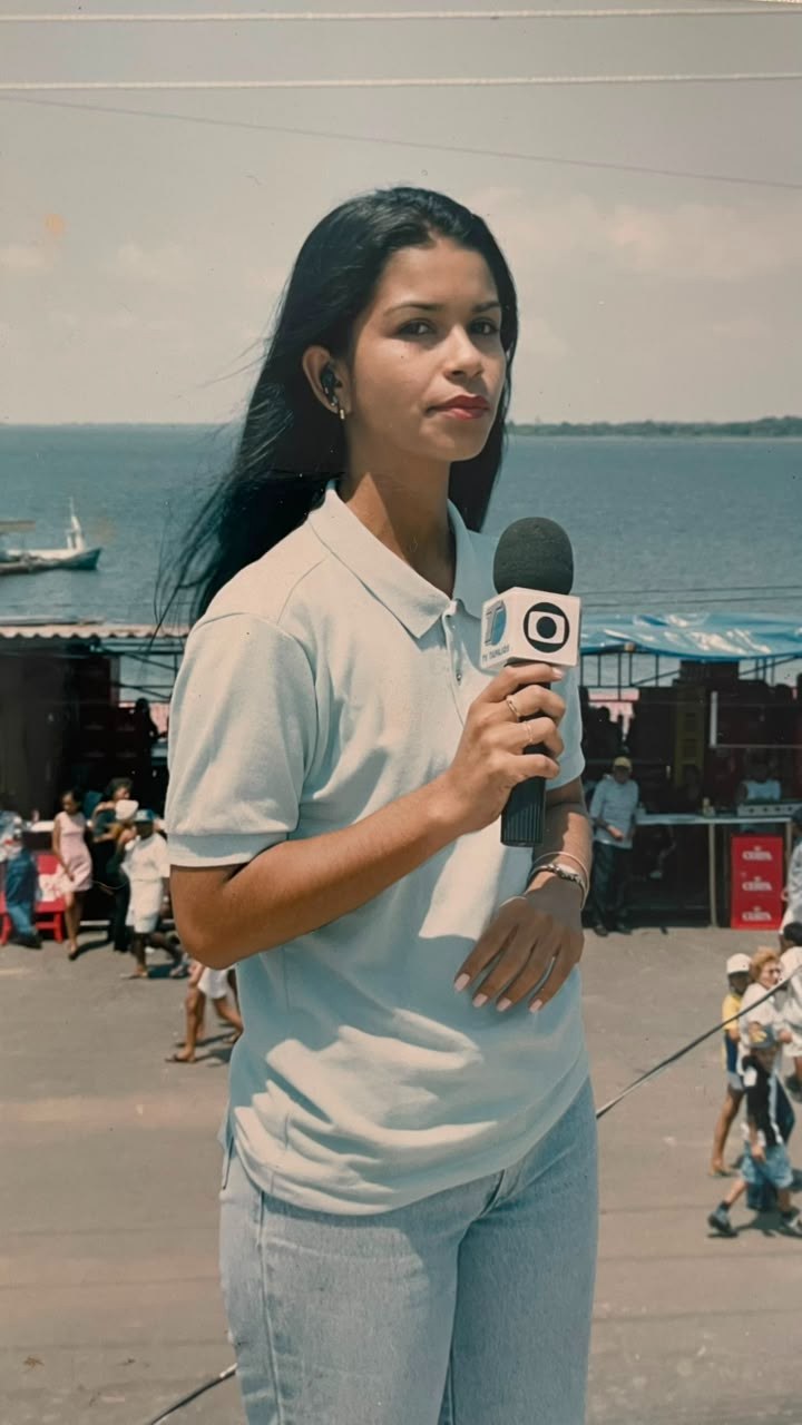Ana Lígia Sena jovem, repórter de televisão com microfone da Globo, à beira do rio